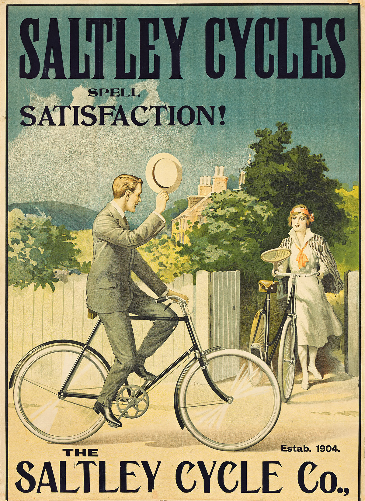 DESIGNER UNKNOWN. SALTLEY CYCLES SPELL SATISFACTION! Circa 1925. 54¾x40 inches, 139x101½ cm.